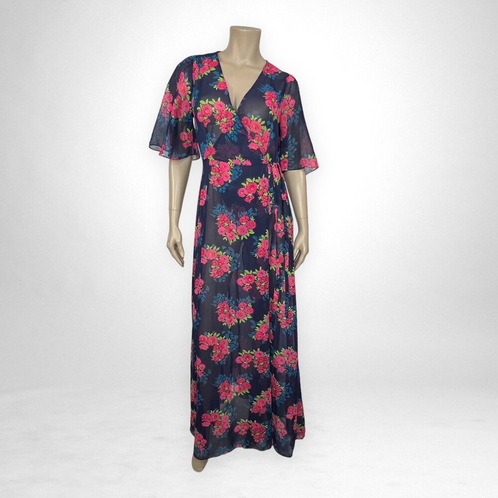 ZARA Blue Floral‎ Maxi Dress Wrap Long Sheer Chiffon V-Neck Short Flutter Sleeve